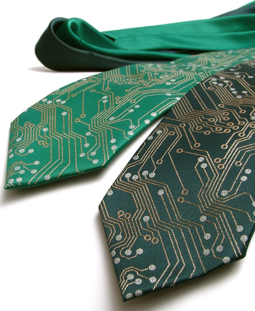 Geeky Circuit Board Mens Necktie - Metallic Copper and Silver Ink on Green or Black Tie