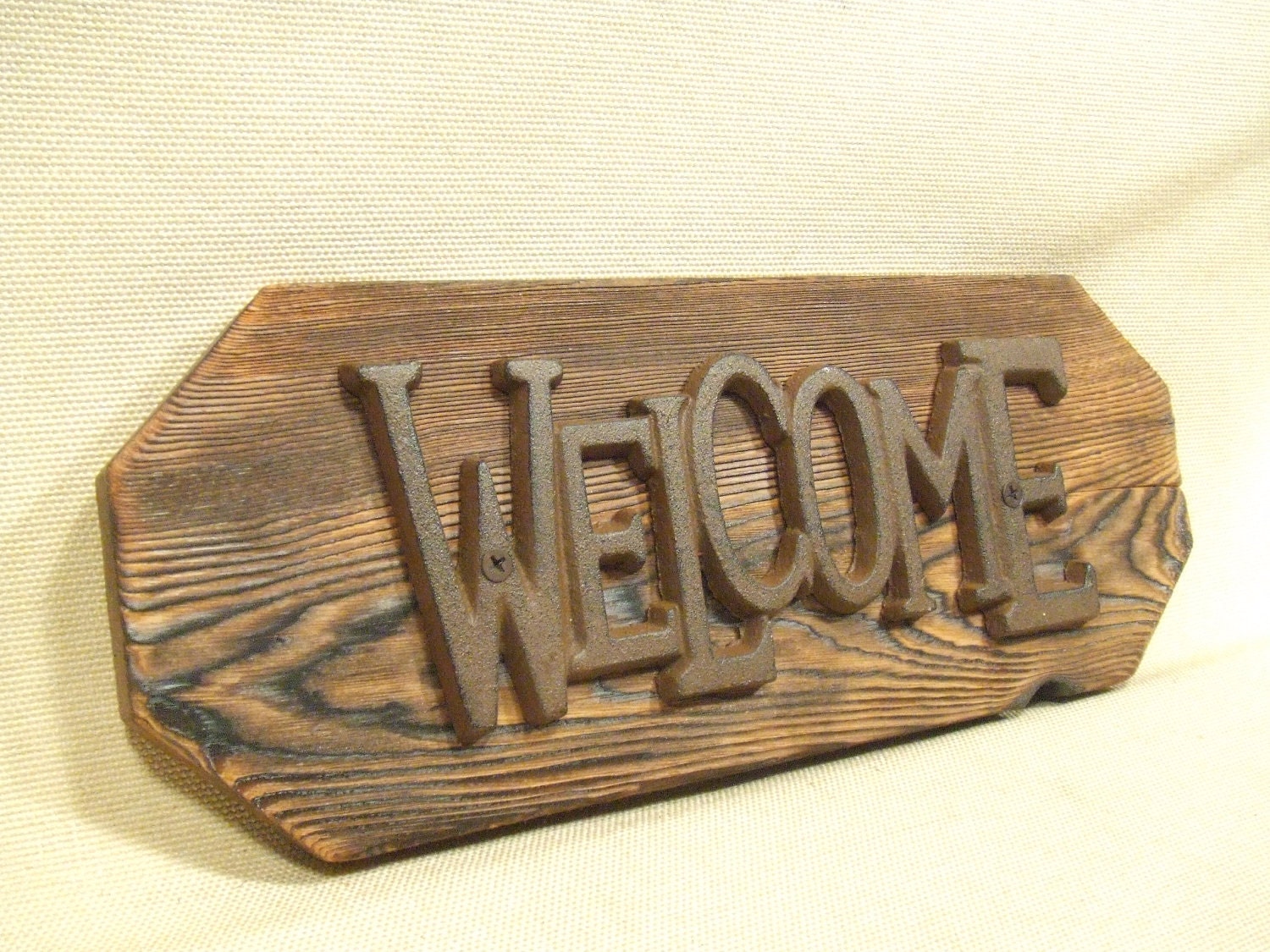 Rustic Cast Iron  Welcome Sign  -- lodge cabin decor -- reclaimed western cedar