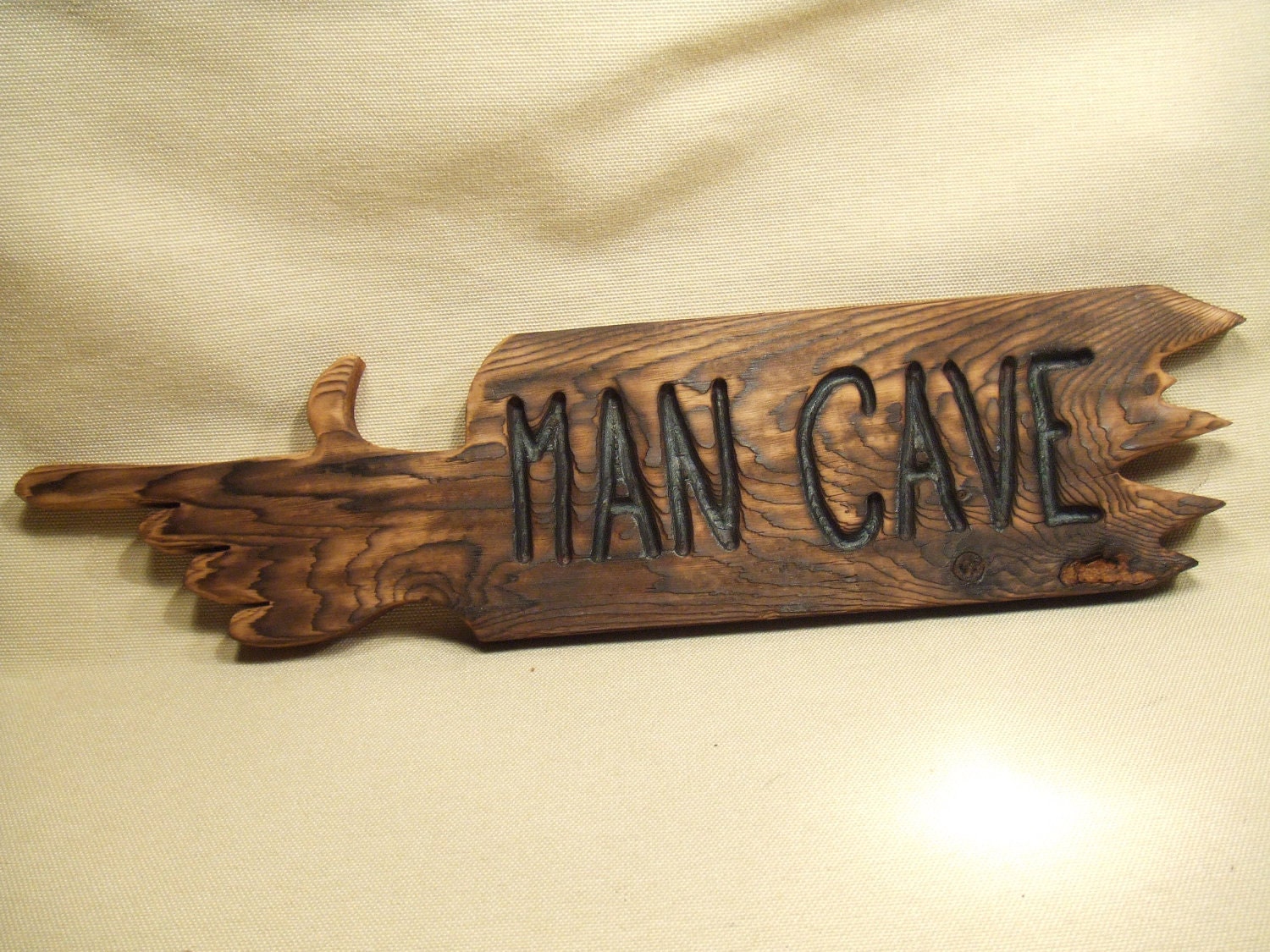 Wood pointing finger sign - MAN CAVE - hand carved -- rustic un painted -- reclaimed western cedar