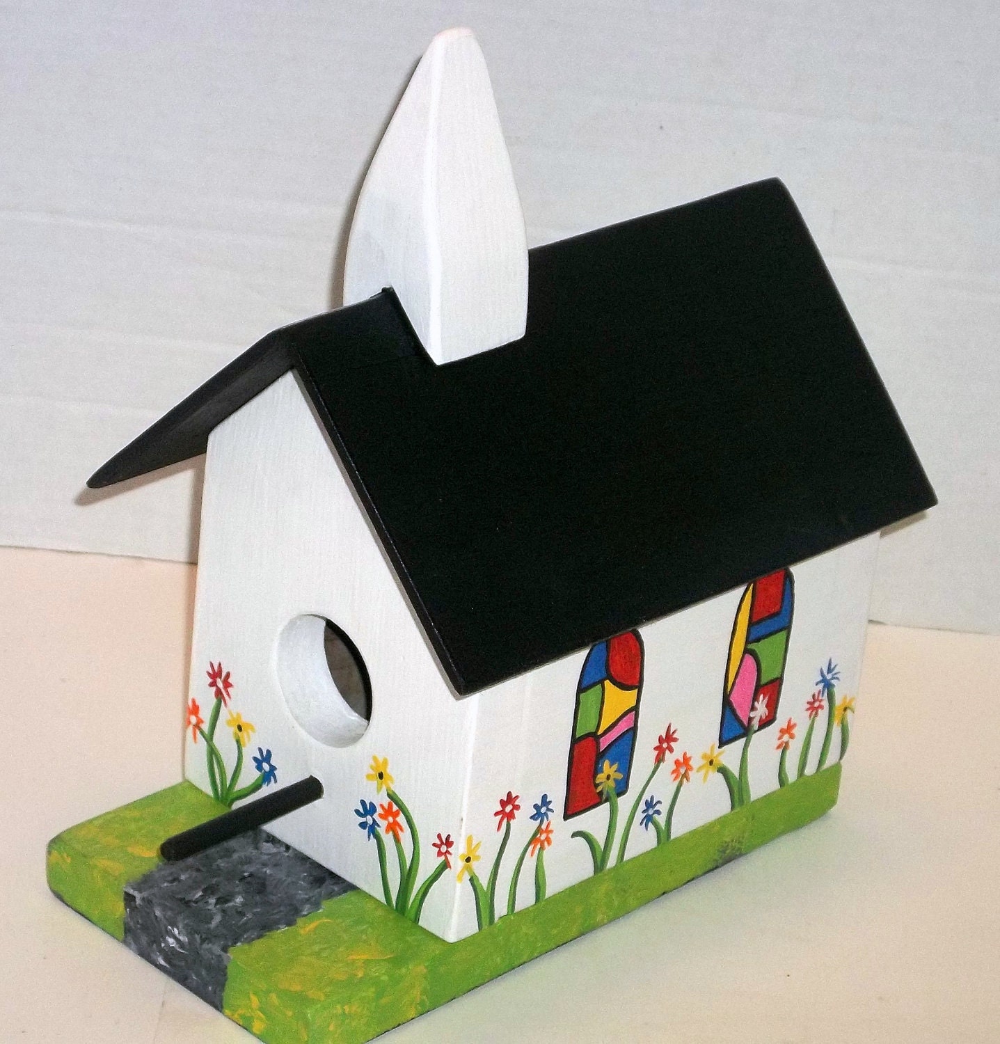 Spring Lil Country Church Birdhouse with Stained Glass Windows