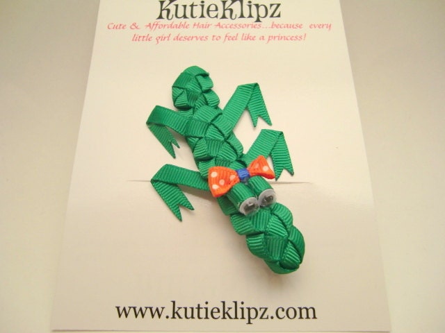 SPRING INVENTORY SALE...Bhindi the Crocodile and Alligator Hair Clip...Ribbon Sculpture,Hairclip,Hair Accessory, Hair Bow