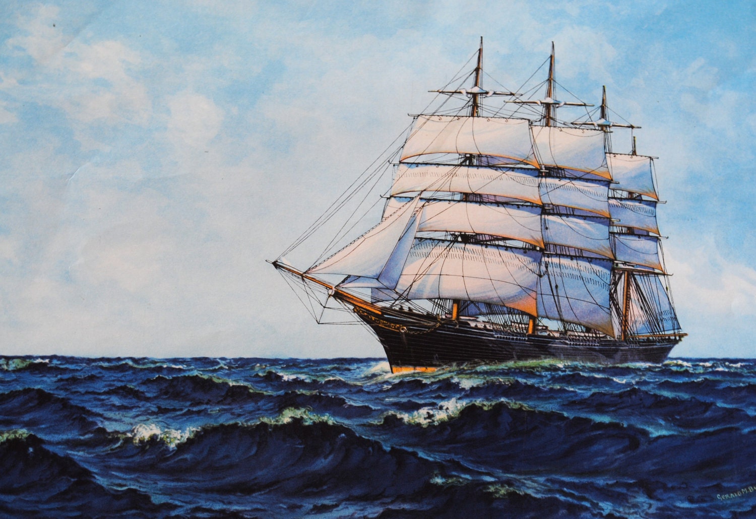 1926 Gerald M. Burn "Queen of the Sea" Sailing Ship Bookplate Print