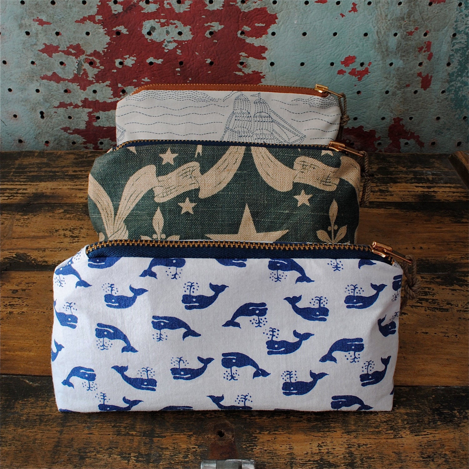 Nautical Zip Pouch w/ Distressed Rope Zipper Pull / Vintage Printed Cotton Fabric with Whales