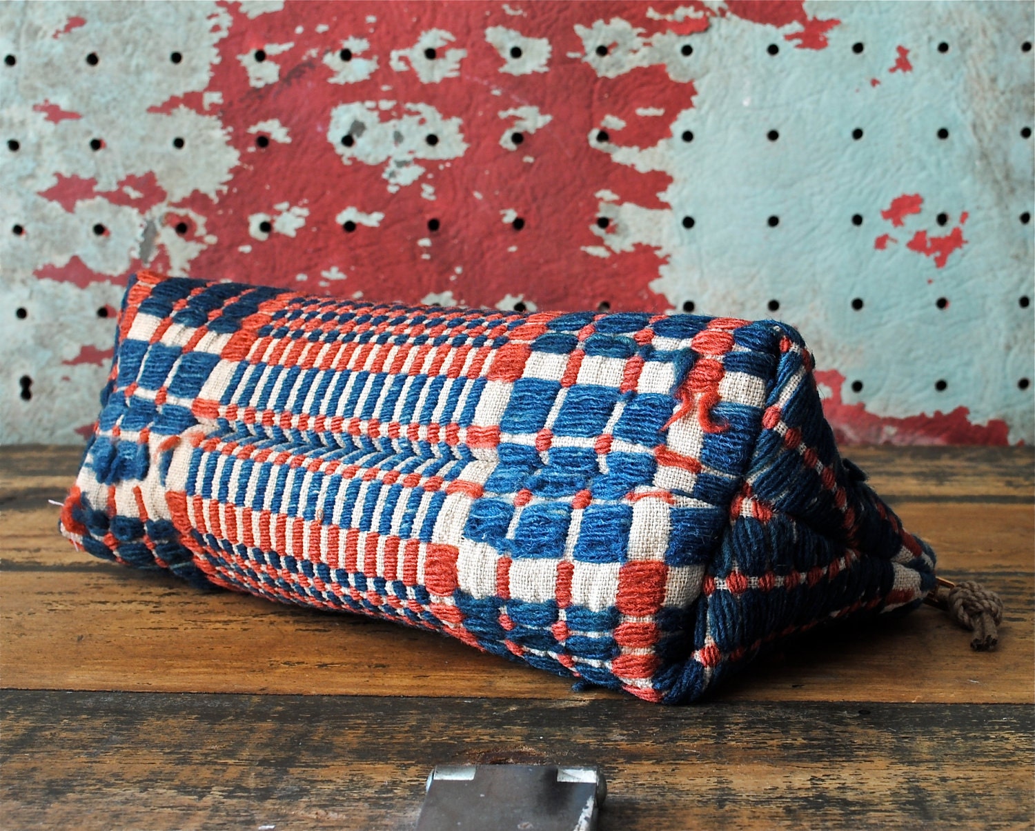 Antique Vintage Woven Coverlet Zip Purse w/ Distressed Rope Pull