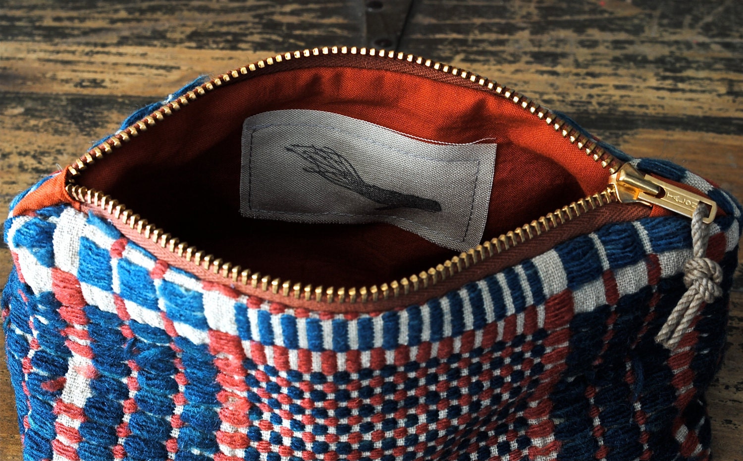 Antique Vintage Woven Coverlet Zip Purse w/ Distressed Rope Pull