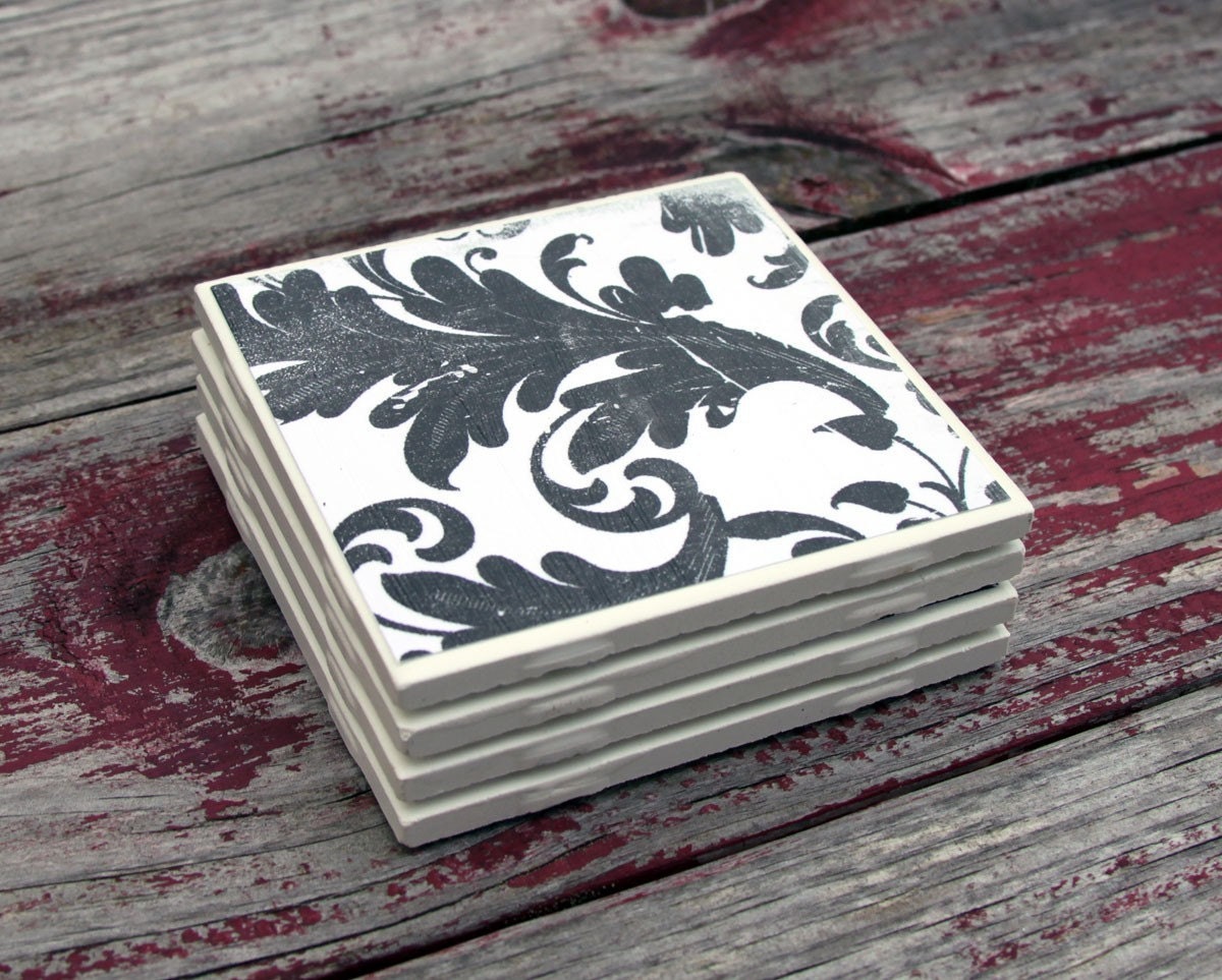 Coasters Black and White Floral  Set of 4, Ceramic, Cork, Handmade by Willow Handmade