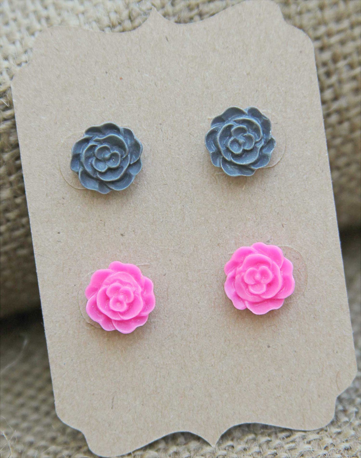 Rose Earrings, Stud Earrings, Post Earrings - Steel Gray and Watermelon
