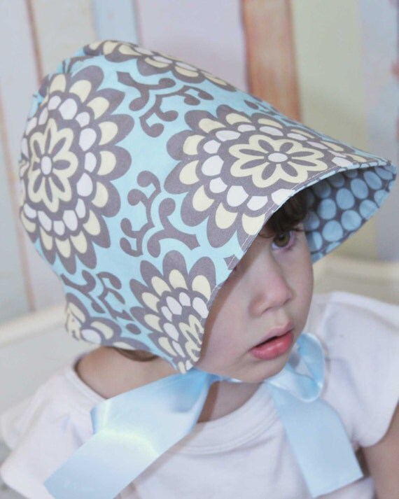 Baby Bonnet Reversible Wallflowers in Blue, Sun Hat by Willow Handmade