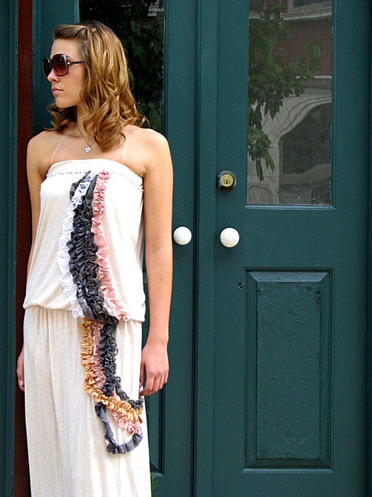 Cream Knit Ruffle Floor Length Boho Dress - Waterfall Knit Dress