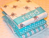 Personalized Burp Cloths - Baby Boy Flannel "Children at Play" Aqua and Orange Pinwheels Stripes and Dots