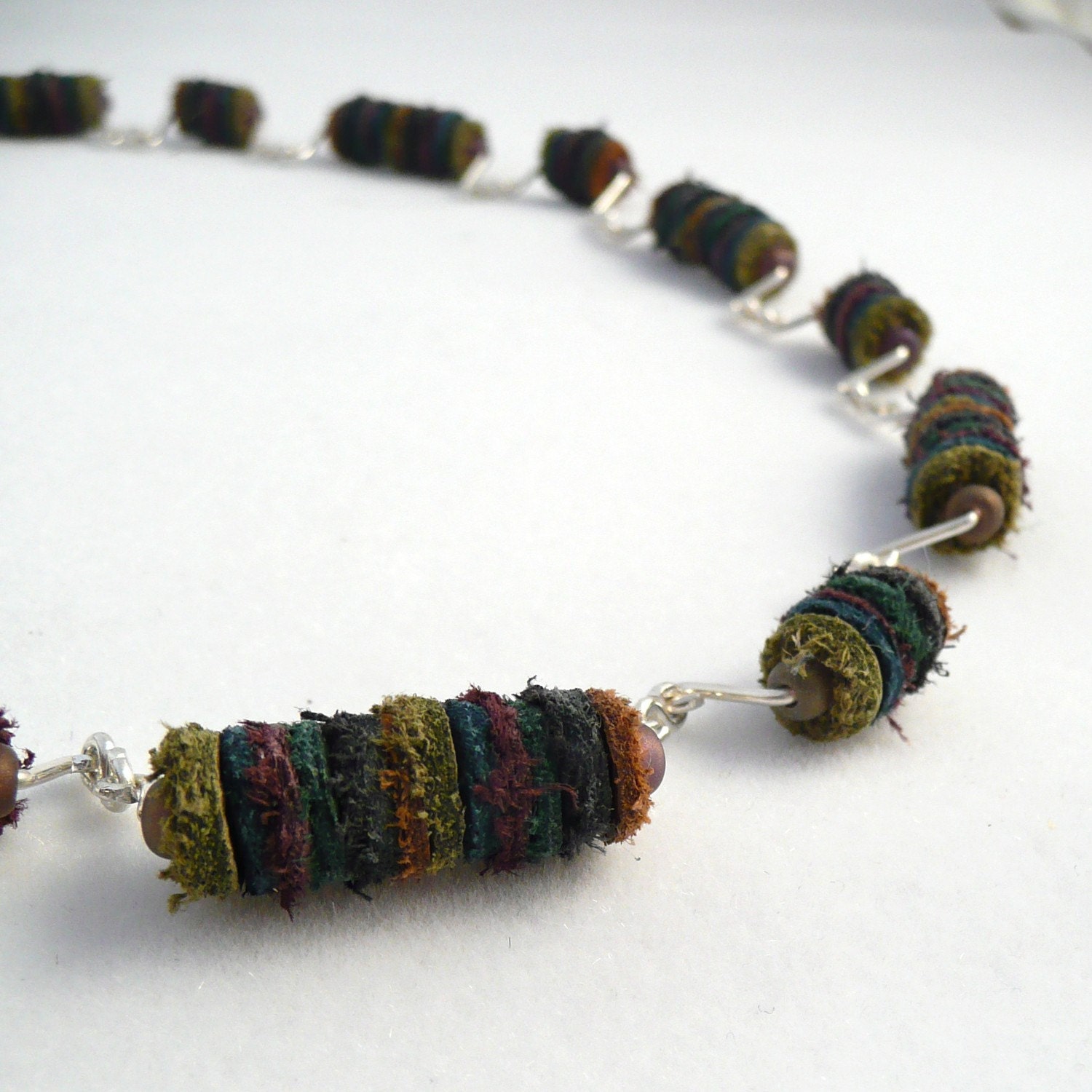 Upcycled Suede Necklace, Jewel tone, Sterling Silver 18 inch