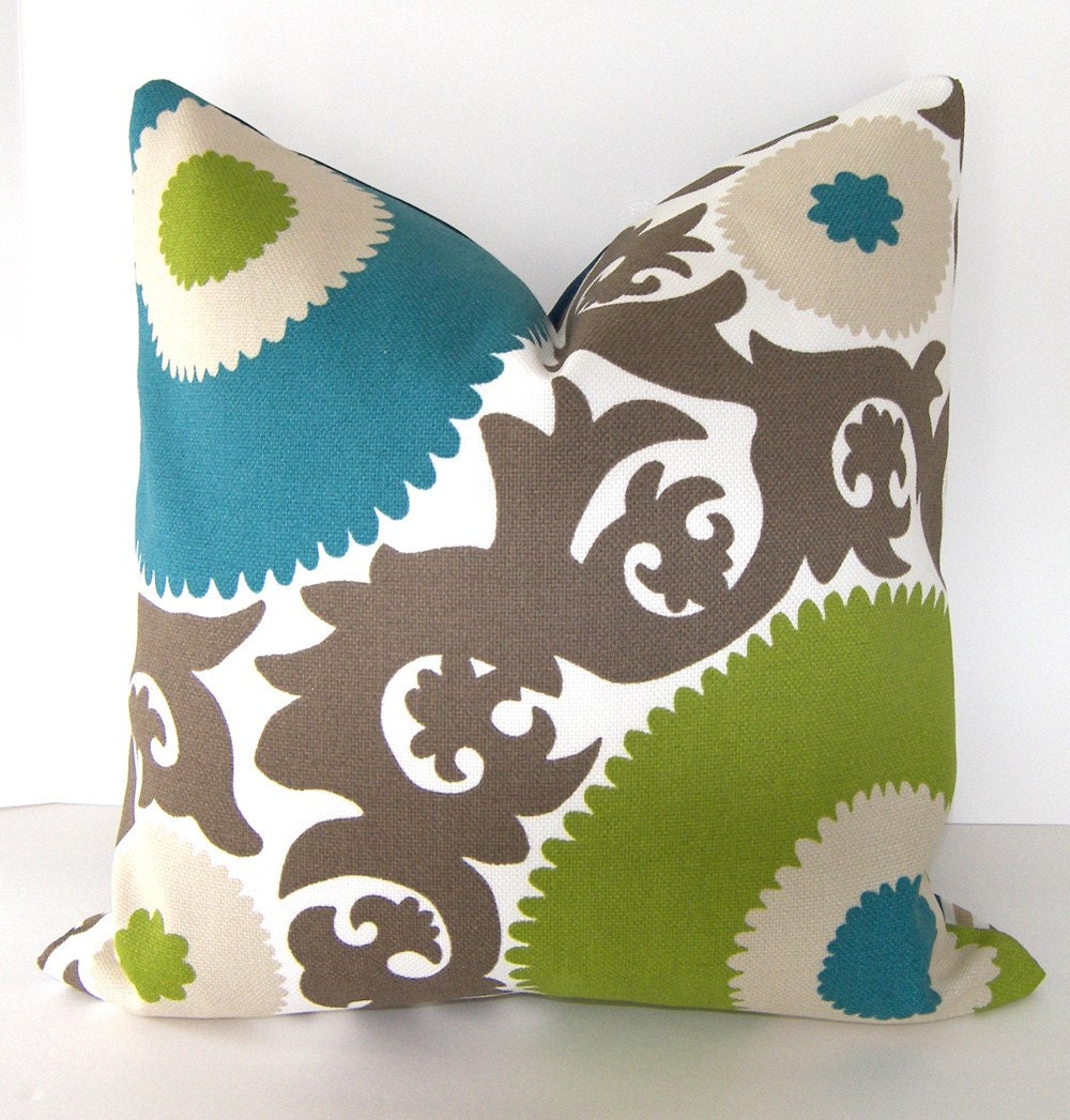 Decorative Designer Indoor / Outdoor -  Suzani Pillow Cover - 18x18 or 20x20 inches - Fahri - Teal / Lime / Taupe / Sand and Ivory