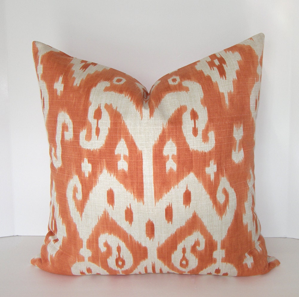 BOTH SIDES - Decorative Designer Ikat Pillow Cover - Tangerine - Orange - Ivory - 18x18 - 20x20 or 22x22 inches
