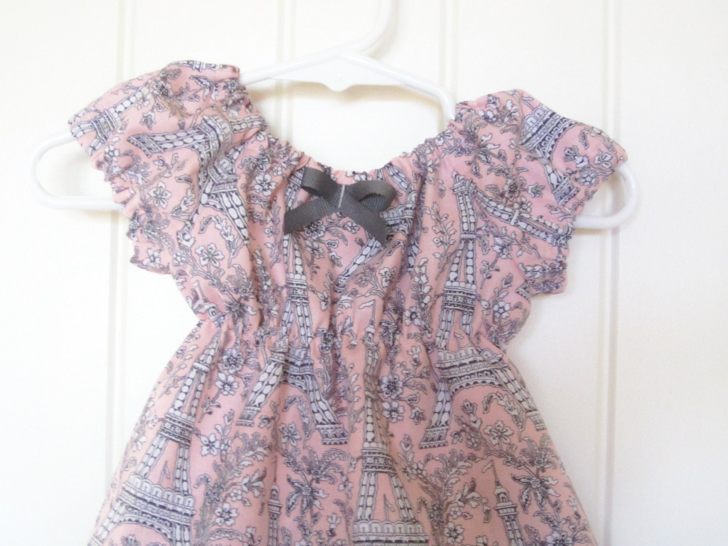 Girls Peasant Dress in Eiffel Tower Short Sleeve in Pink and Gray