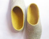Mens Wool Slippers Amber Yellow Grey Modern. Custom made. Extra Cork Sole.