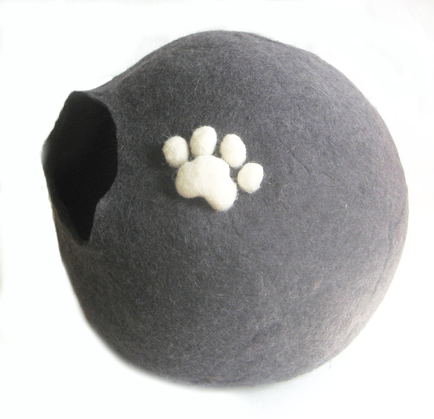 BIG. Felted Wool House Cocoon Black White with Cat Paw. Eco Cat Bed. Modern Minimal