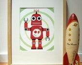 Robot Art Print Children Nursery Decor Wall Art Red Digital Illustration 8x10