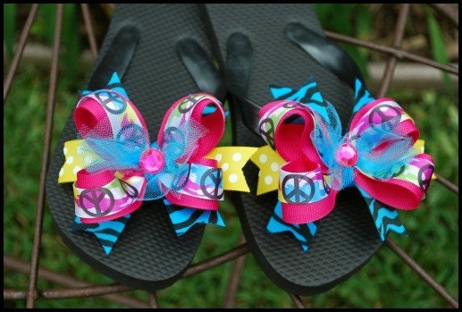 Funky Peace Sign Boutique Bow Flip Flops with Tulle and Rhinestones