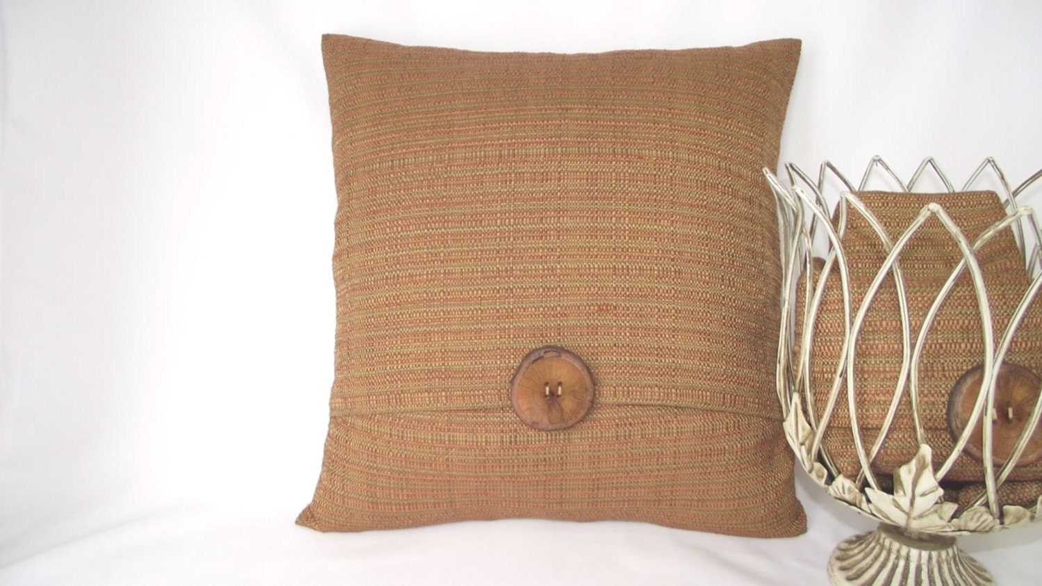 Pillow Cover 18x18 Woven Texture Pattern,  Tan, Olive, Rust, Wood Button