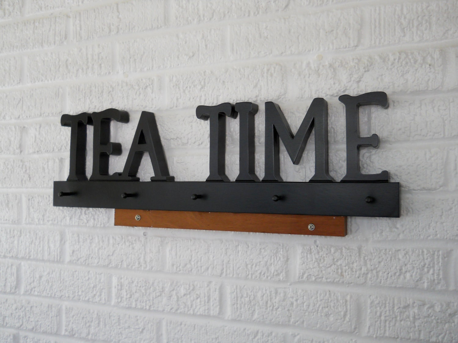 Tea Time Kitchen Wall Hanging, Holds Cups or Mugs on five pegs, Home Decor