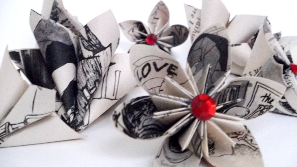 Set of 9 Comic Book Flowers- handmade, origami, wedding decoration, paper flowers, custom, made to order