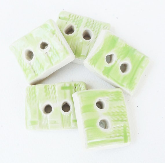 Handmade Ceramic Buttons Square Stoneware Pottery Pastel Lime Green Set Modern Rustic Minimalist