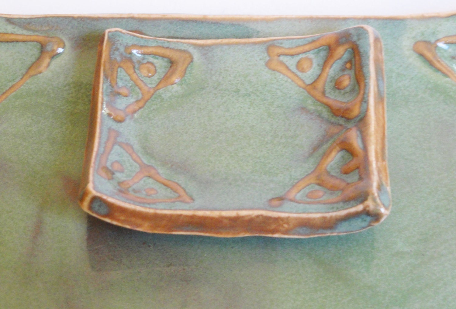 Lucky7Sale Handbuilt Handmade Ceramic Pottery Sushi Dish Tray Set Tapas Appetizer Plate Stoneware Signed Sage Green