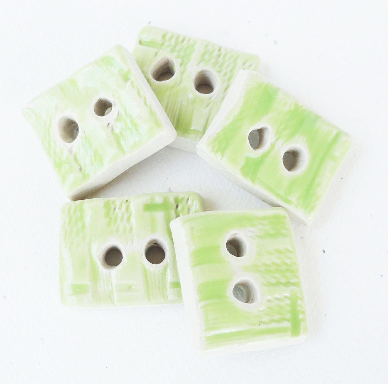 Handmade Ceramic Buttons Square Stoneware Pottery Pastel Lime Green Set Modern Rustic Minimalist