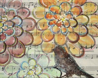 Postlude March... recycled book art original painting on Antique1950s sheet music book page, by Cat Seyler designs