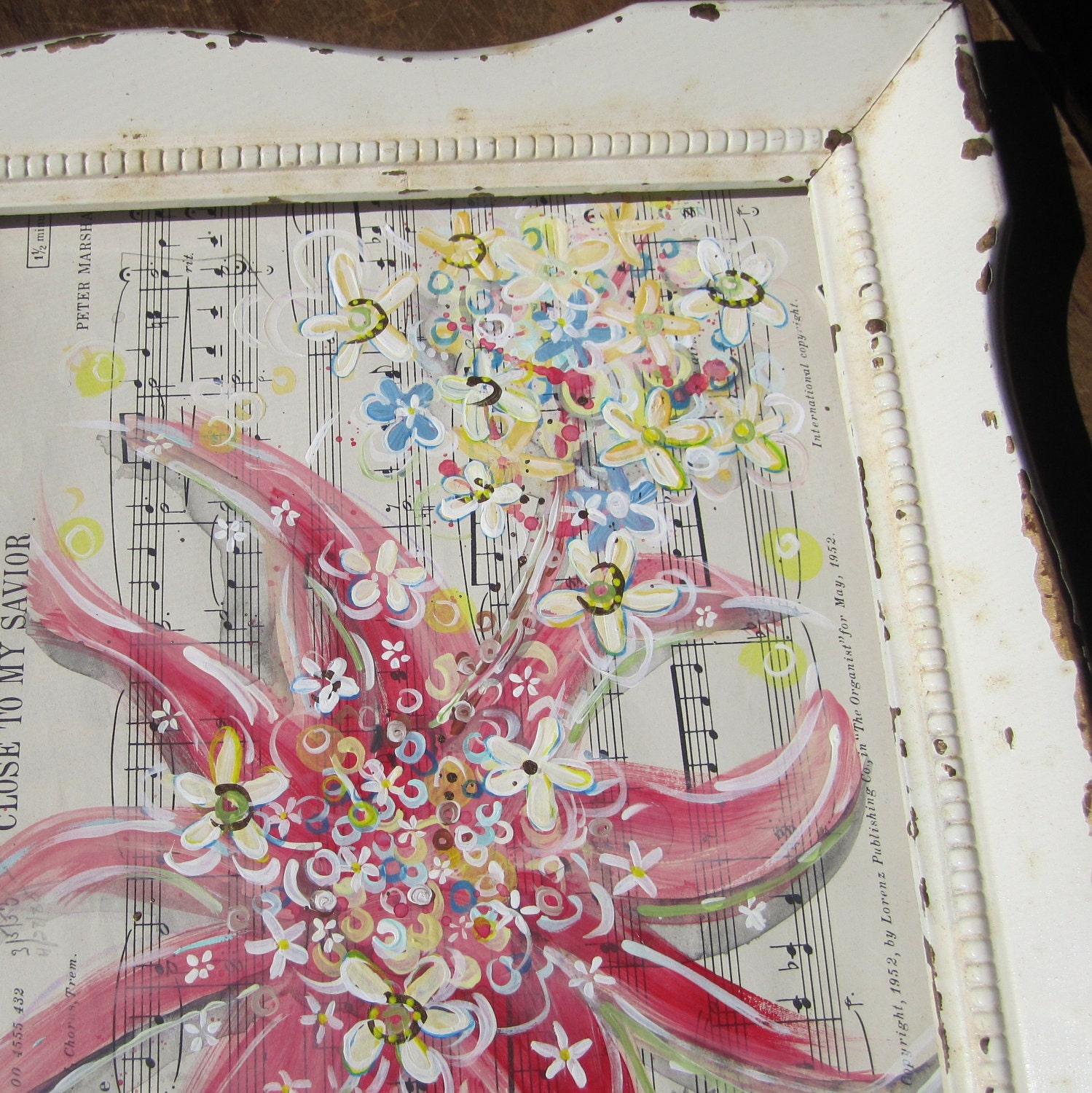Close To My Savior... recycled book art original painting on Antique 1950s sheet music book page, by Cat Seyler designs
