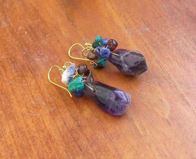 Amethyst Gold Earrings Cluster Multi Gem