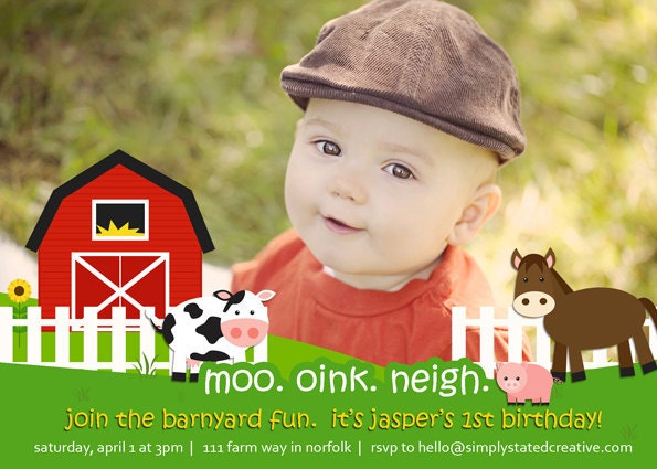 Barnyard Farm Fun - custom kids birthday party photo invitation invite - DIY printable design, print service available
