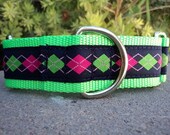 1.5" Martingale Dog Collar Adjustable - Preppy Pink & Lime Argyle- Med or Lge (Or in a quick release) Or see 1" listing