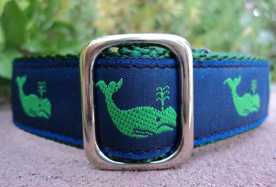 1" Dog Collar Adj. Quick Release - Green Whales - Sm, Med or Lge /Or add Martingale upgrade
