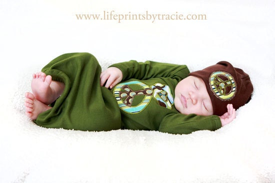 Infant Boy Peace Tree Gown with matching Hat Olive Green Custom Made