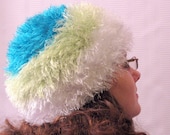Ladies Fun Fur Beanie Hat in California Blue, Lime Green and Bright White