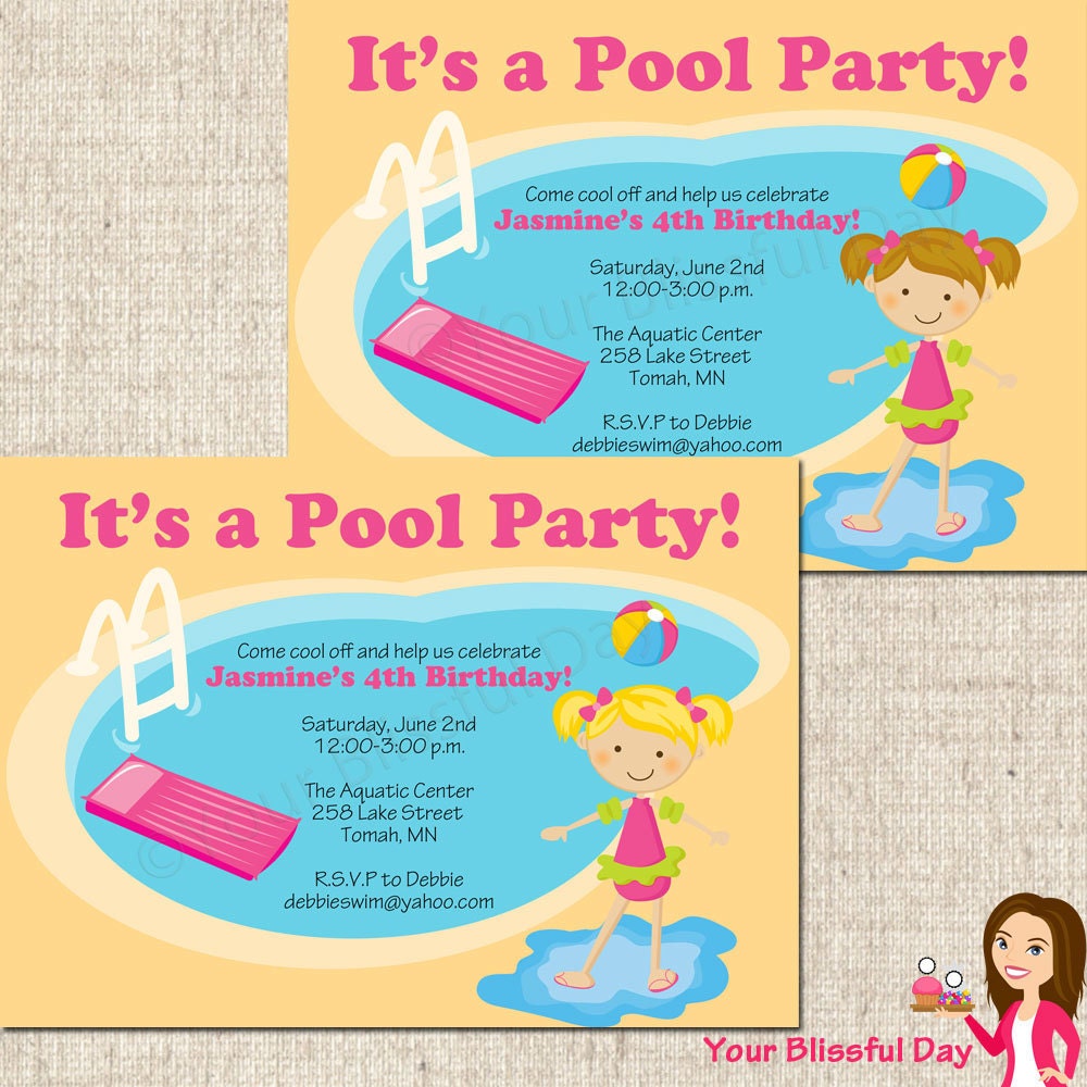PRINTABLE Girl Pool Party Invitation (Your choice of character)
