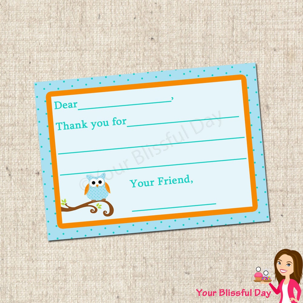 PRINTABLE Boy Owl Fill-in-the-Blank Thank You Cards Il_570xn