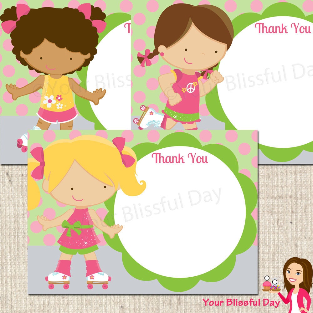 PRINTABLE Girl Roller Skating Thank You Cards (Character of your choice) Il_570xn