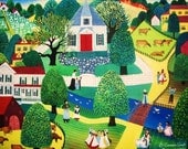 18x24 folk art canvas reproduction of Miss Lottie and the Bridge Valley School