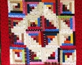 Hand-quilted vintage inspired traditional patchwork log cabin 25  inch square quilt