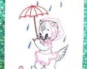 Vintage kitten day-of-the-week hand-embroidered tea towel