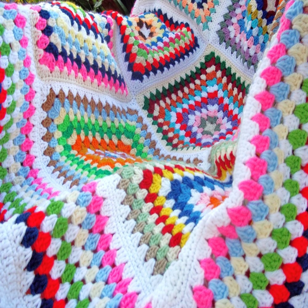 Multicolored Retro-modern Crocheted Granny Square Confetti Afghan