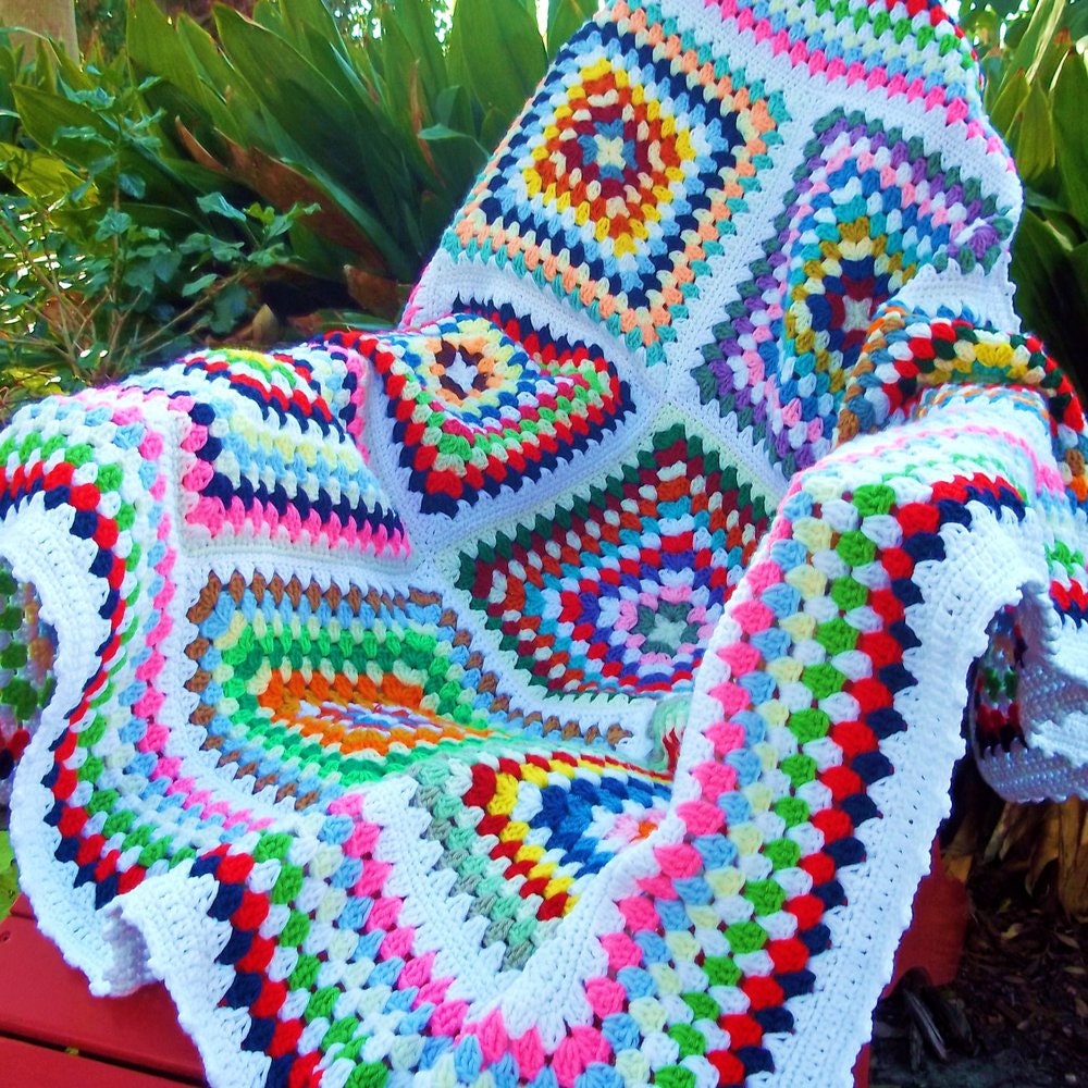 Multicolored Retro-modern Crocheted Granny Square Confetti Afghan