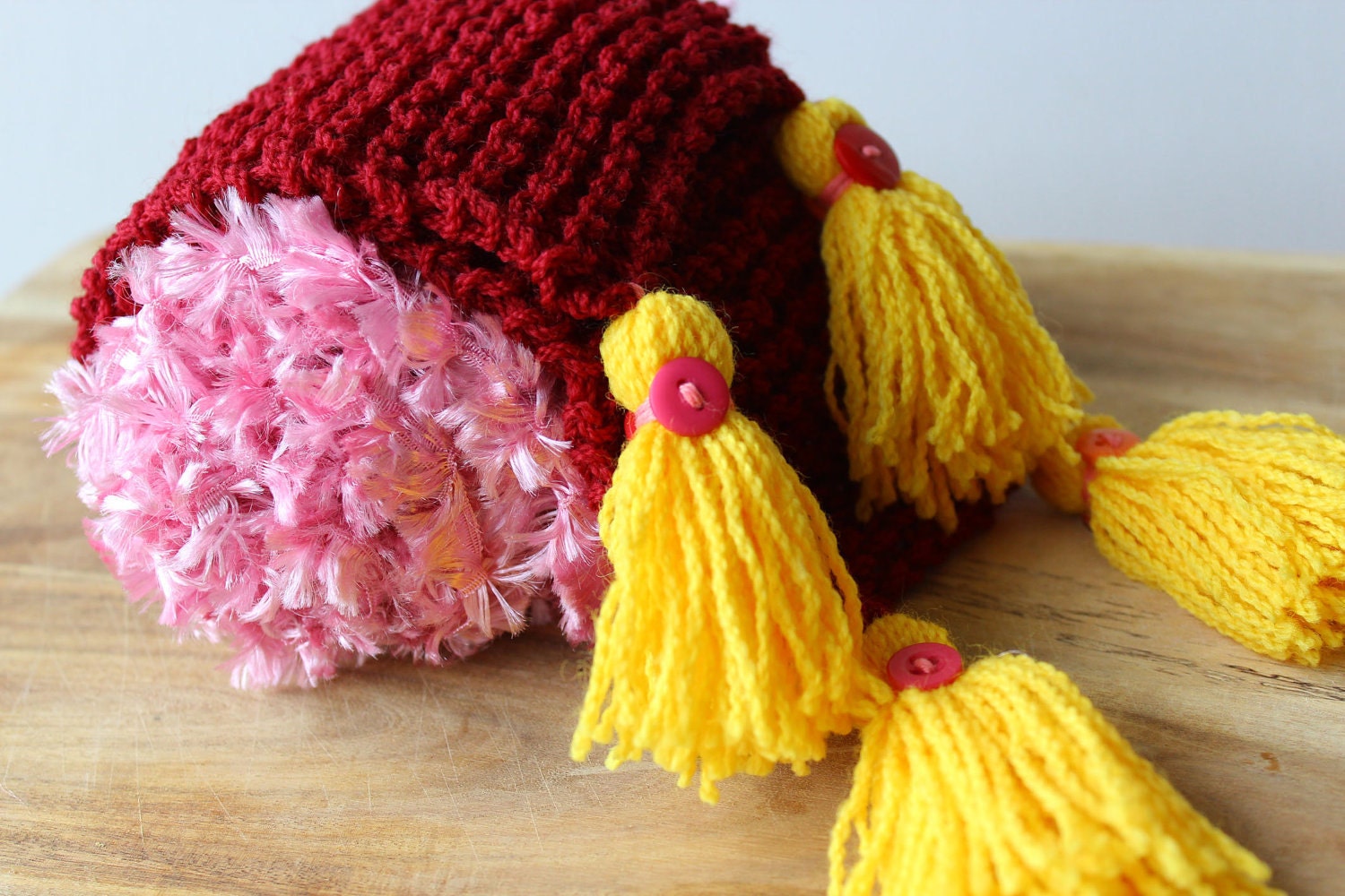 Pink Red and Yellow, fuzzy knitted scarf with tassels