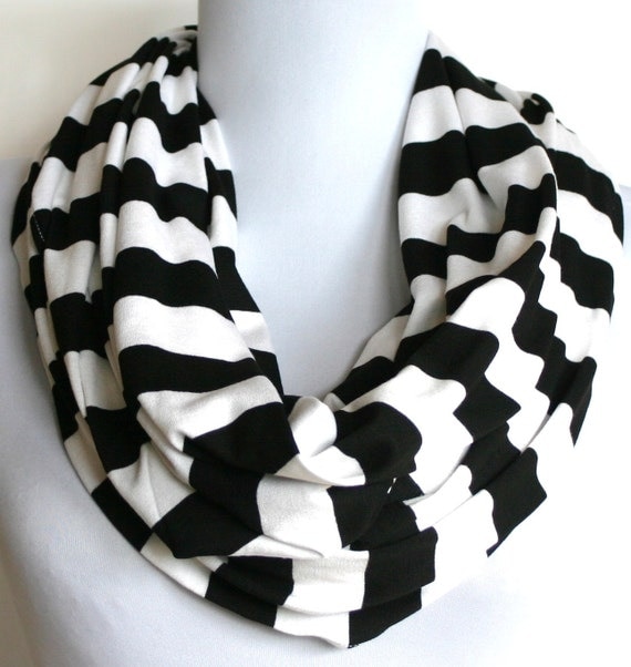 Infinity Scarf in Black and White Stripes Jersey, Loop Scarf, Eternity Scarf, Circle Scarf