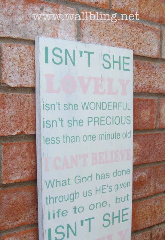 Baby Girl Subway Art Wood Sign - Isn't She Lovely - Perfect for the Nursery - Antique White with Green and Pale Pink
