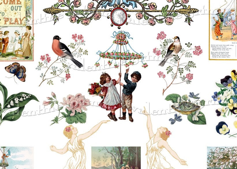 Joyful May Day Digital Collage Sheet Welcome Spring with Maypole Dancing Flowers Birds Children - ValentineGrimm