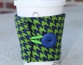 Coffee Cup Cozy / Sleeve - Reusable - Lime Green and Navy Blue Houndstooth