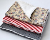 Gender Neutral Burp Cloth Set - Sock Monkeys, Grey Polka Dots, Red and White Stripes - Gender Neutral Baby Gift